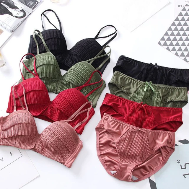 Sexy Underwear Set Solid Color Girl Knitting Thread Without Steel Ring  Gather 1/2 Cup Bra + Underwear Set - AliExpress