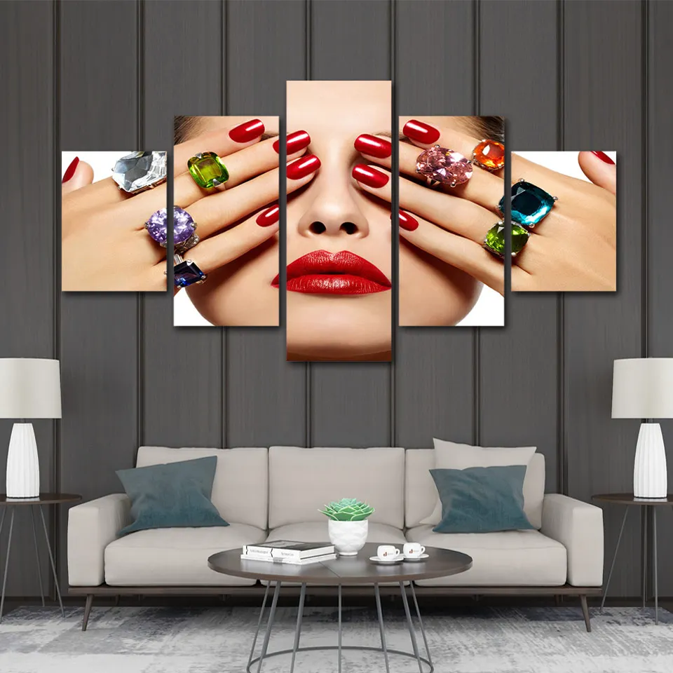 

5 Piece Canvas Painting Beuty Salon Beautiful Eye Lip Make-up Nail Canvas Wall Art Print And Poster Artwork Home Decor Picture