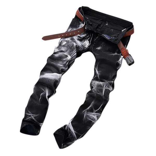 Mens Fashion Wolf Printing Black Straight Leg Denim Long Pants Jeans US Size 30-40