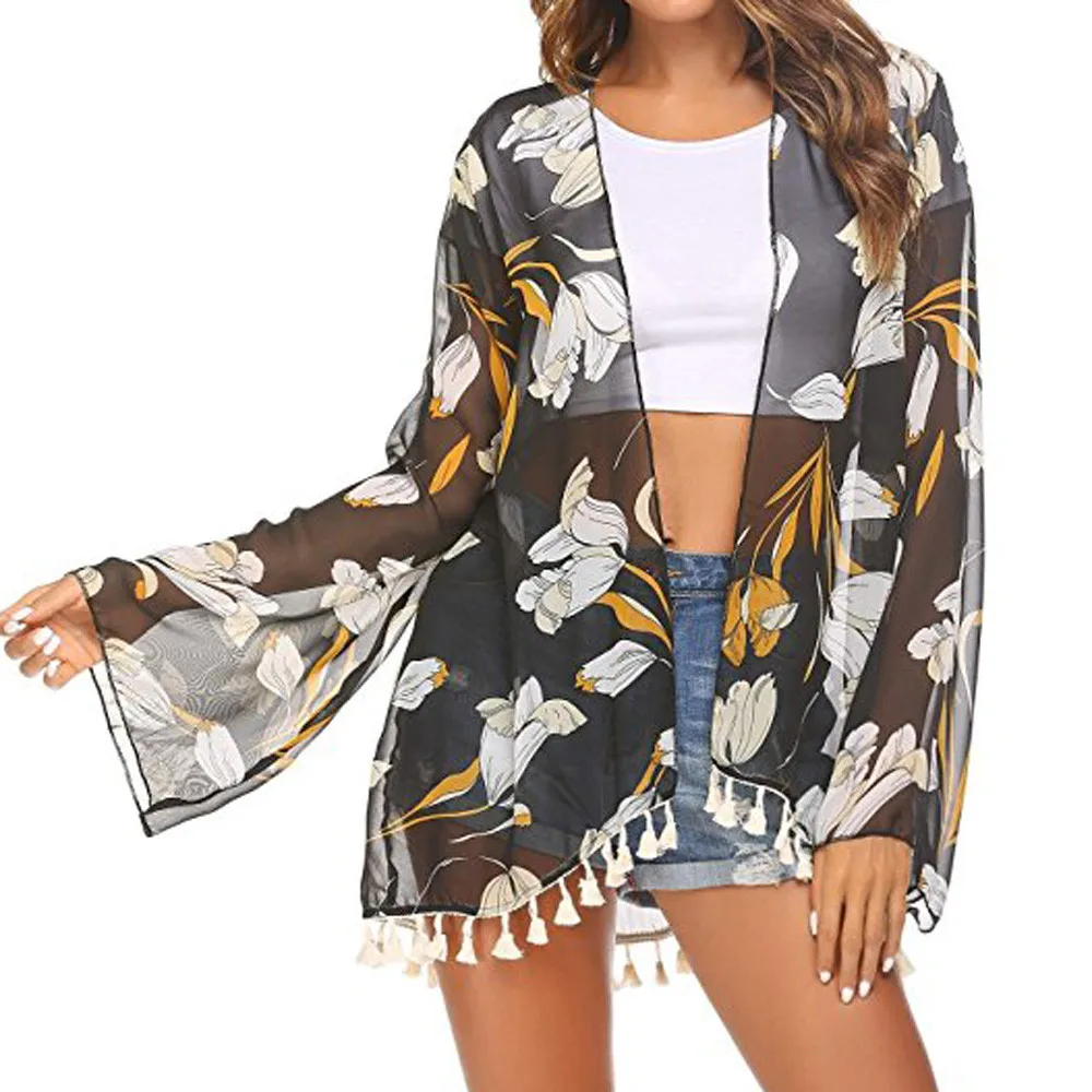 

2019 Women Chiffon Floral Print Tassel Tops Suit Bikini Swimwear Beach Swimsuit Sexy Summer Long Sleeve Sunscreen Bikini Blouse