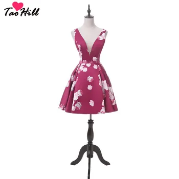 

TaoHill 2019 Fashion Wedding Party Dress Deep V-neck Backless Beading Waist Vestido 3D Print Flower Fabric Maid of Honor Dress