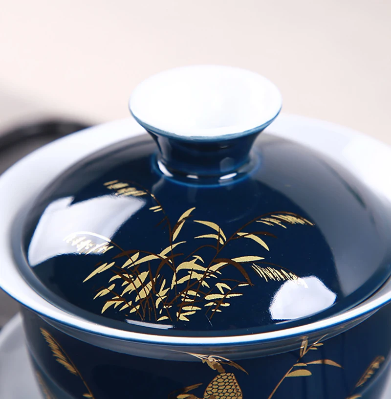 Благородный синий контур в золотой чашке для чая, крышка чаши чайный набор gaiwan чайный фарфоровый горшок набор путешествия красивый чайник 150 мл