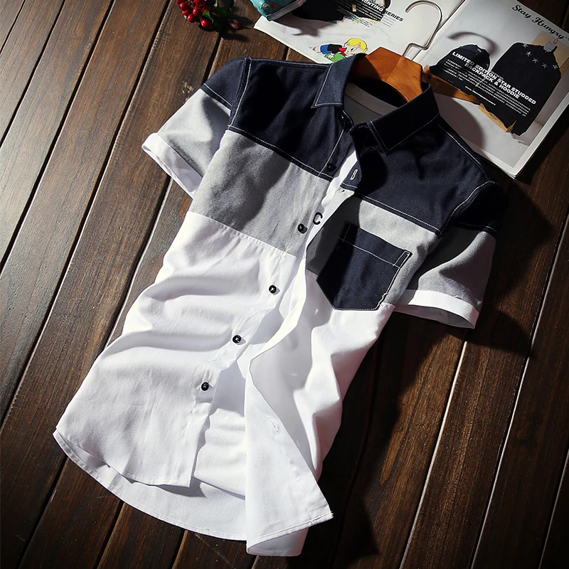 

plus size 5xl 2019 Korean men Plaid shirts pocket design short sleeve male shirts slim fit stylish casual camisa masculina MQ261