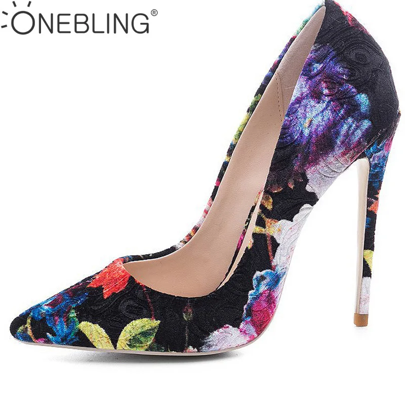 

One Bling 12 CM Women Heels Shoes Fashion Floral Print Flock Fabric Pointed Toe Thin High Heel Shoes Slip-On Party Shoes Pumps