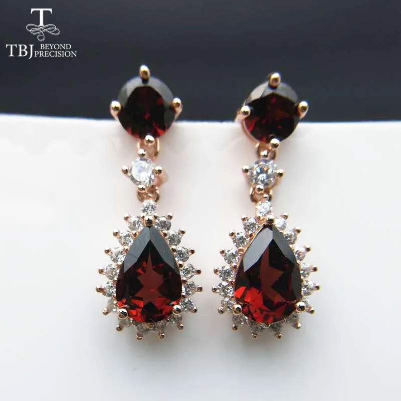 

TBJ,4ct natural Mozambique Red garnet earring in Real 925 Sterling Silver gemstone jewelry fashion earring with nice gift box