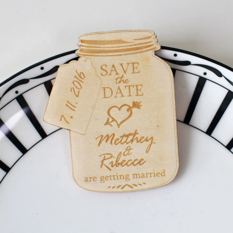 Jar Save The Date Rustic Wedding Favor, Engraved Wooden Wedding