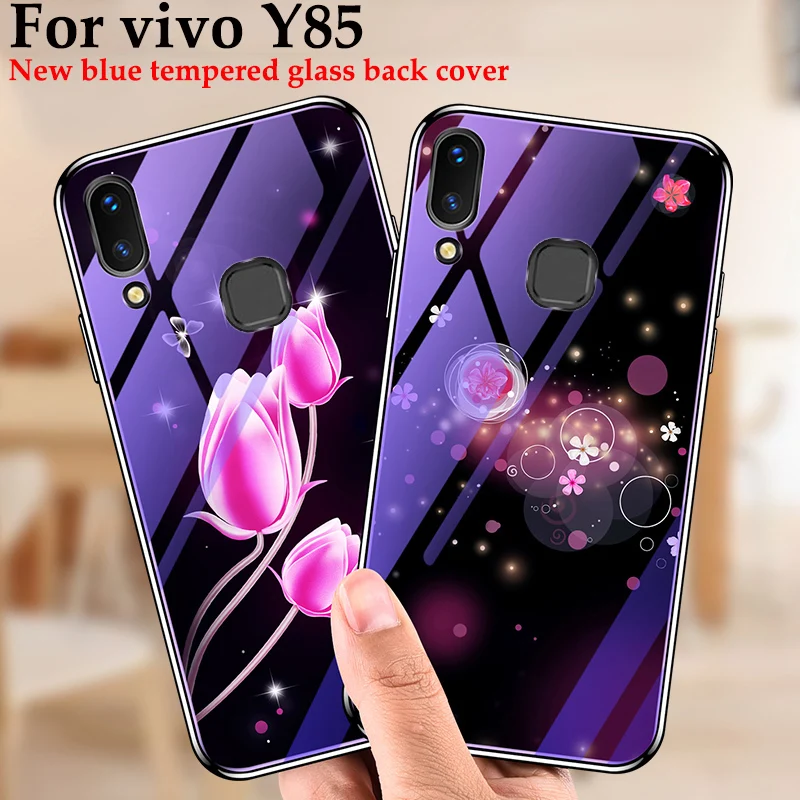 Чехол для Vivo Y85 Y 85 чехлы телефонов окрашенное синее закаленное стекло + Мягкая