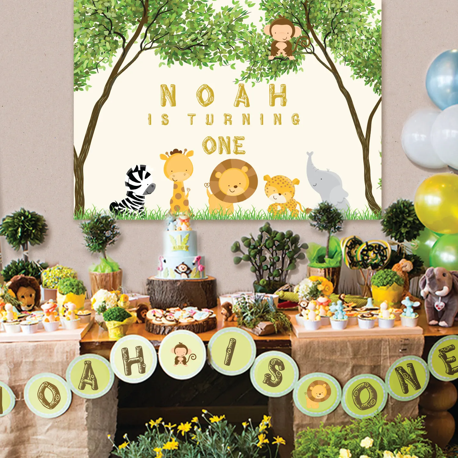 Custom Safari Jungle Animals Baby Shower 1st Birthday Tree