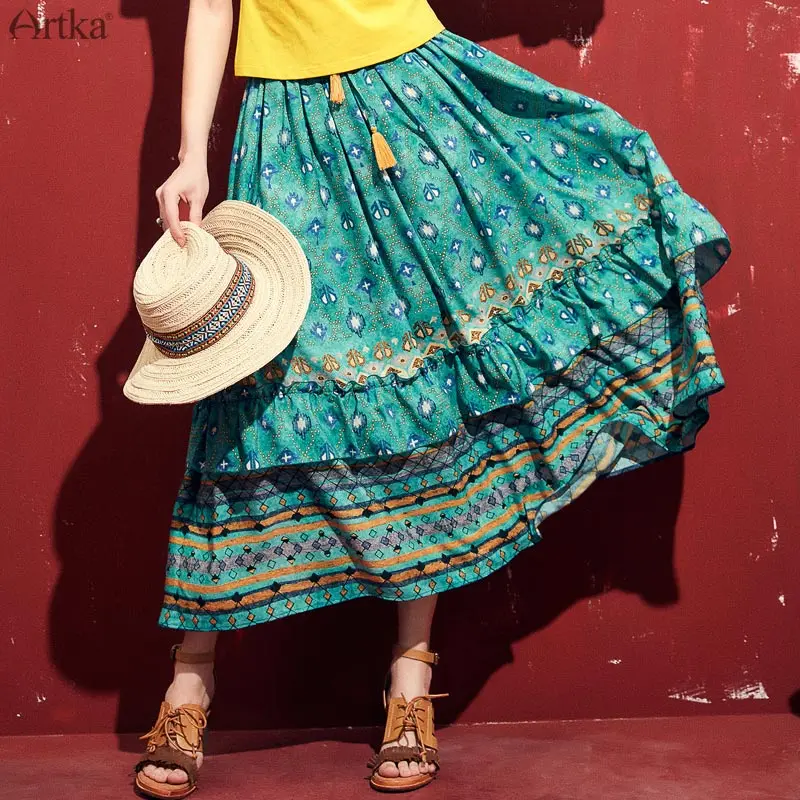 

ARTKA 2019 Spring High Waist A-line Skirt Parrot Green Fashion Pleated Tassel Long Skirt Bohemia Elegant Lady Skirts QA10298C