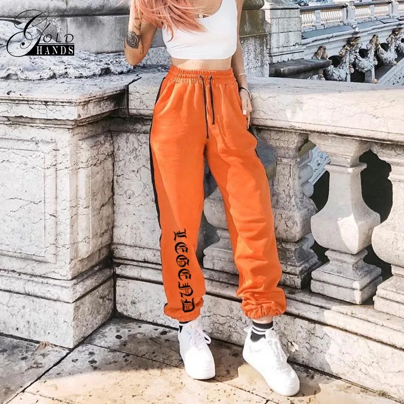 

Gold Hands Women Loose Pants Harajuku Trousers Female Fashion Orange Letter Printed Joggers Pants Dance Hip-pop Styles Pant