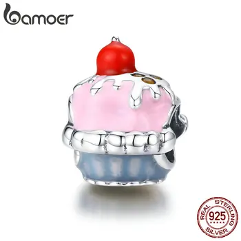

BAMOER Authentic 925 Sterling Silver Pink Enamel Cup Cake Charms Beads fit Silver Bracelets Jewelry Valentines Day Gift SCC1084
