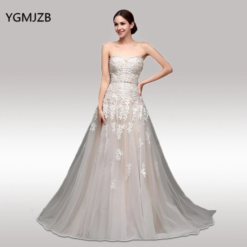 Champagne Lace Wedding Dress Vintage A line Sweethesrt Beaded Lace Up