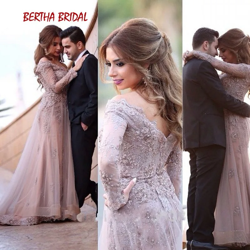 

Fantastic Arabic Evening Dress 2019 V Neck A Line Floor Length Long Sleeve Evening Dress Formal Dress Abiye Gece Elbisesi