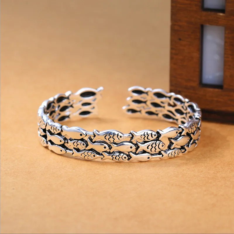 

New Atmosphere Fish Retro Exquisite 925 Sterling Silver Jewelry Bracelets Creative Cute Fish Group Thai Silver Bangles