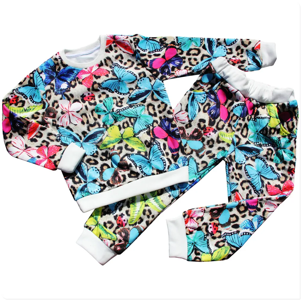 Модный комплект для девочек; коллекция года; Изысканные комплекты одежды; Детские леопардовые топы с длинными рукавами и принтом бабочки и штаны