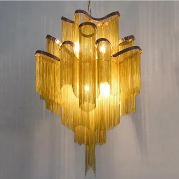 

Nordic style aluminum chandelier luxury double staircase atmosphere hotel works tassel postmodern designer villa lights led lamp