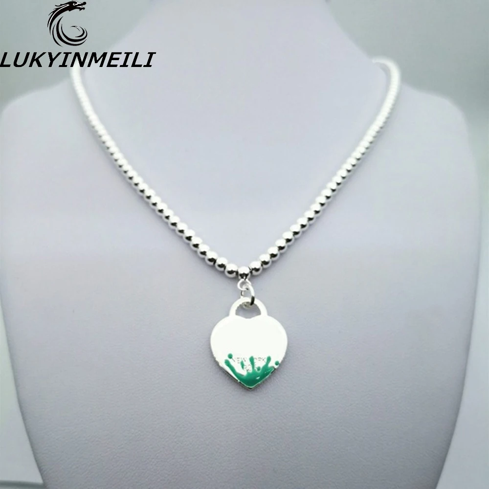 

TIFF1:1s925 sterling silver ladies necklace pendant beaded chain heart-shaped green fashion trend wild female jewelry fresh gift