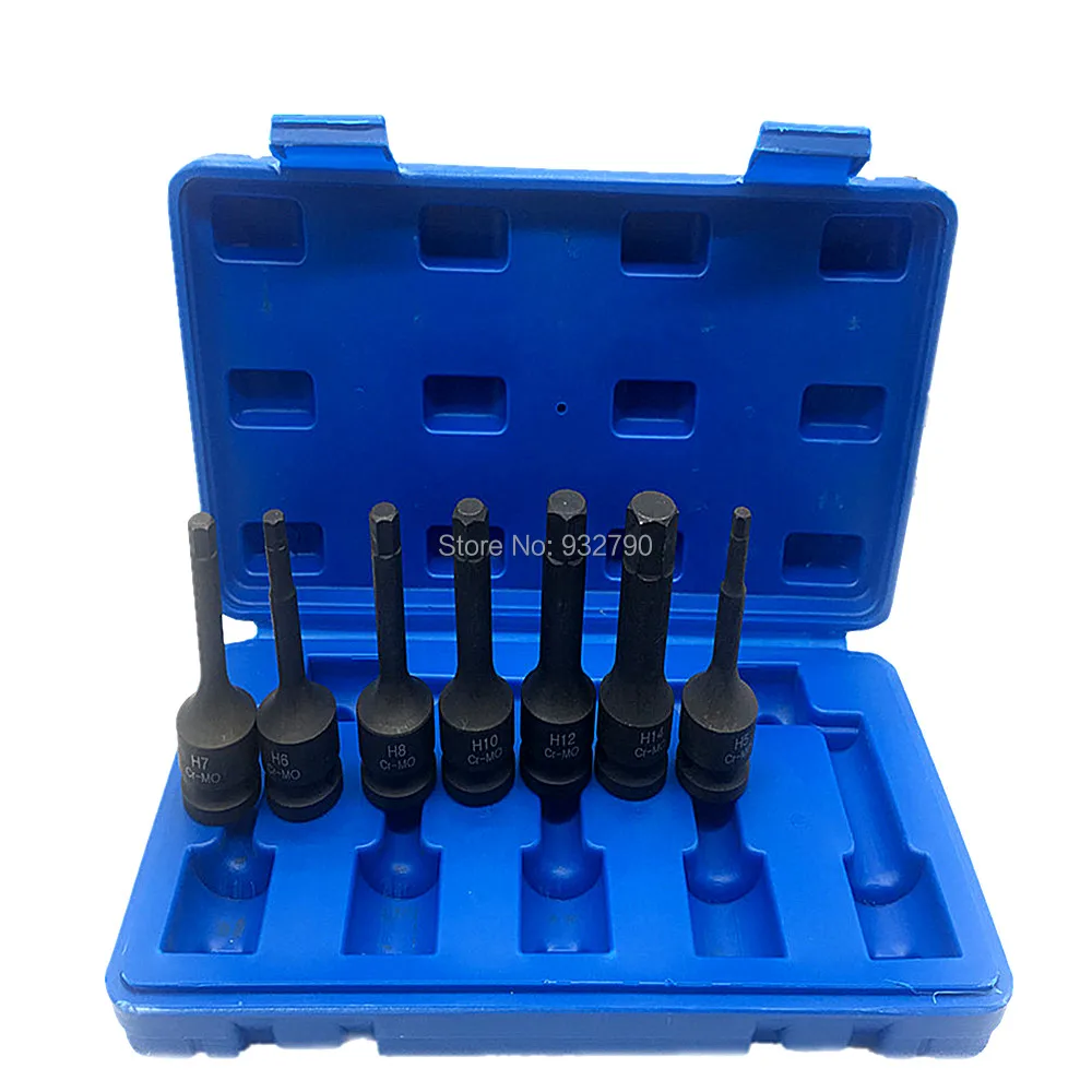 

7pcs 1/2" Dr Impact Spline Bit Sockets Tool Set H5-H14 Bits Chrome Vanadium Extension Bar Wrench Spline H5 H6 H7 H8 H10 H12 H14