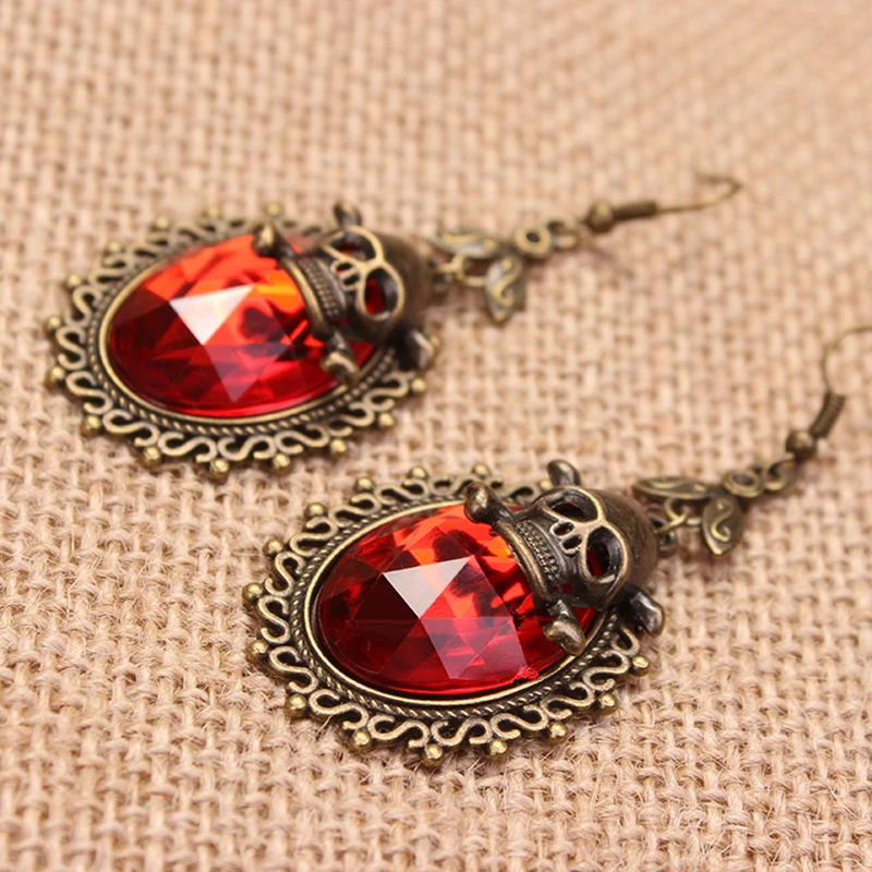 Women Earrings Fashion Punk Retro Bronze Pirate Skull Cross Bones Poison Dangle Flower Rhinestone Hook Drop Earring Lady Vintage 4