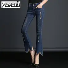 2925 Весна тонкий рваные стрейч джинсовая одежда расклешенные женские джинсы мода открытие с кисточкой длиной до щиколотки женские брюки