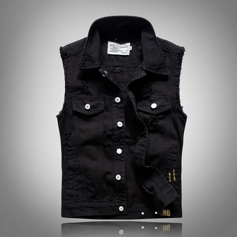 

XIU LUO 3XL Denim Vest Hole Sleeveless Personality Slim wave men's cowboy horse clip Cowboy vest black print cowboy vest 2019