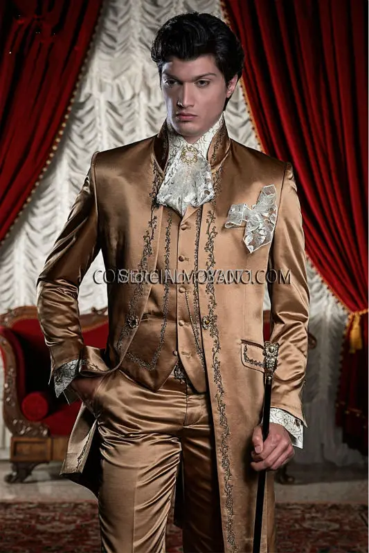 Классический итальянский Стиль утро дворец костюм 3 предмета коричневый атлас мужские свадебные костюмы для выпускного Вышивка барокко