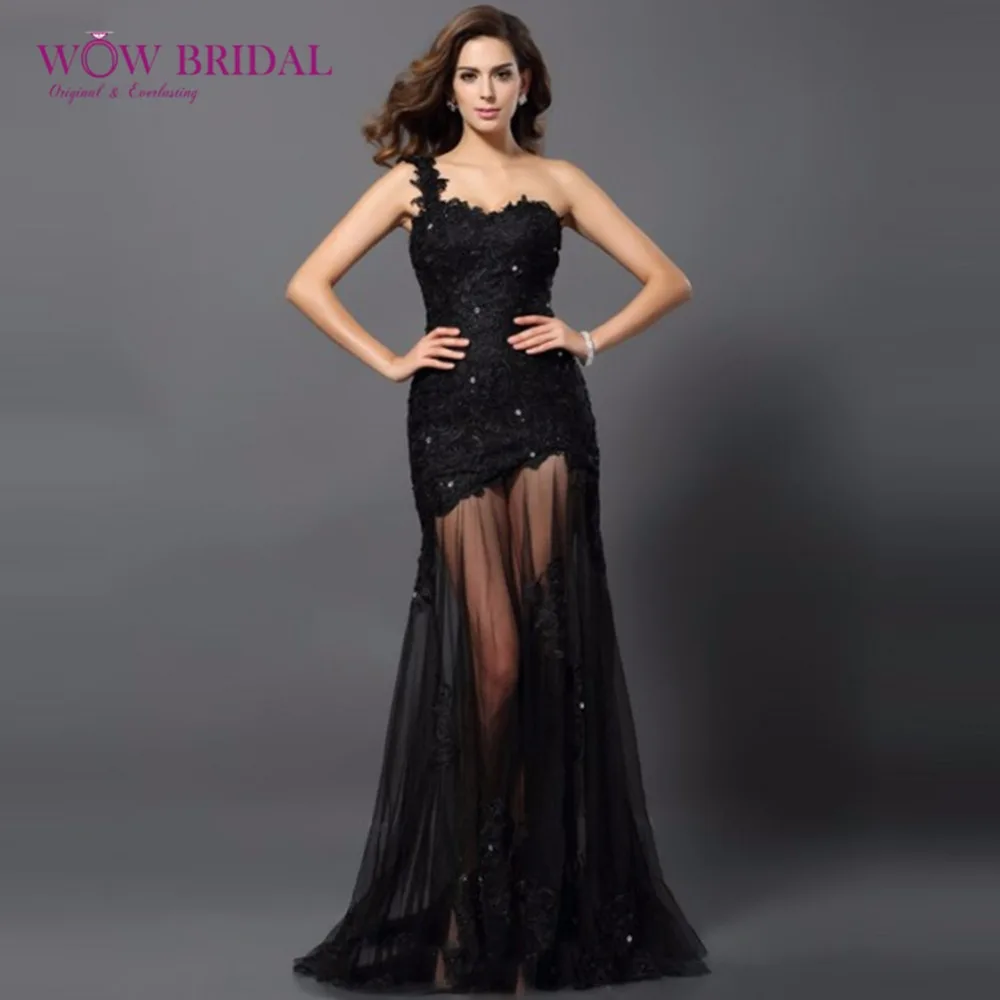 Wowbridal Black One Shoulder Open Back Sexy Lace Appliques Sequins Mermaid Tulle Evening Dress Formal Gown Dresses Long | Свадьбы и