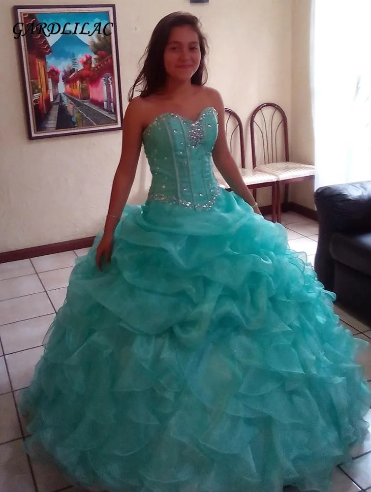In stock 2018 100 Real Organza Ruffled Mint Green Quinceanera Dresses