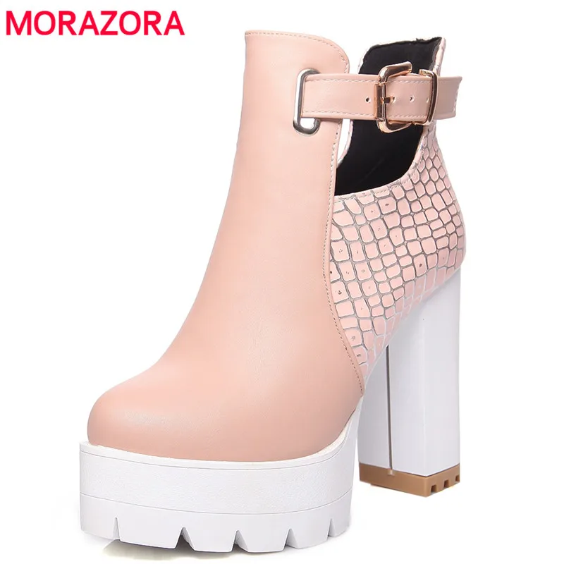 

MORAZORA 2020 autumn boots high quality PU leather square high heels ankle boots for women shoes platform buckle platform boots