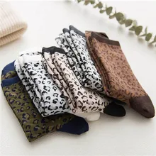 Женские хлопковые носки с леопардовым принтом, средний бочонок, Ретро стиль, дышащие женские ворсовые носки, женские зимние теплые носок с изображением леопарда