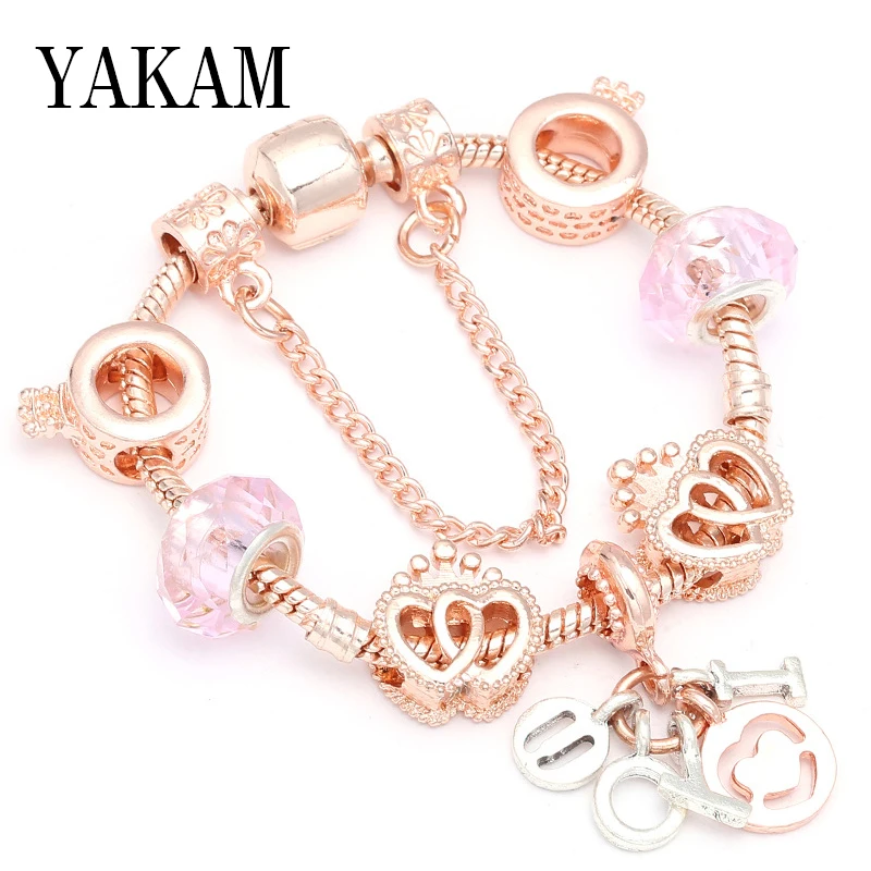 

Fit Original Pandora Charms Bracelet Bangles I Heart YOU Dangle Rose Gold Color Double Hearts Crown Beads Women Jewelry Pulseras