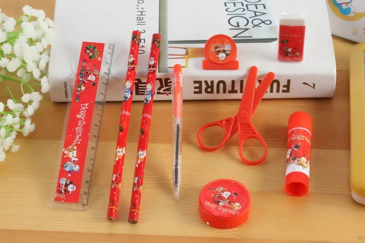 Милый набор канцелярских принадлежностей карандаш линейка шариковая ручка комбинированный подарок 9 в 1 Счастливого Рождества стационарный набор для детей Кабинет случайный