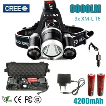 led Flashlight Torch 3T6 headlamp 3x XM-L T6 LED Headlight 9000 Lumen Head Lamp Lanterna Headlamp with box for camping