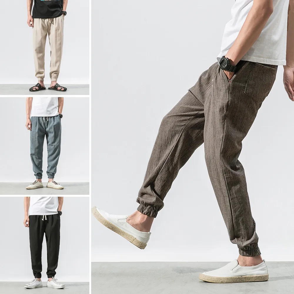 Мужские повседневные облегающие спортивные брюки, льняные брюки длиной до лодыжки, мешковатые шаровары