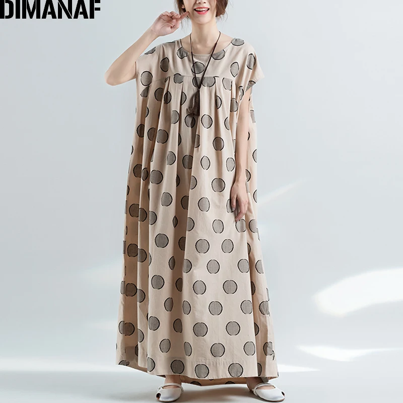 

DIMANAF Plus Size Women Maxi Dresses Summer Sundress Linen Female Vestidos Elegant Lady Vintage Long Dress Loose Print Dot 2019