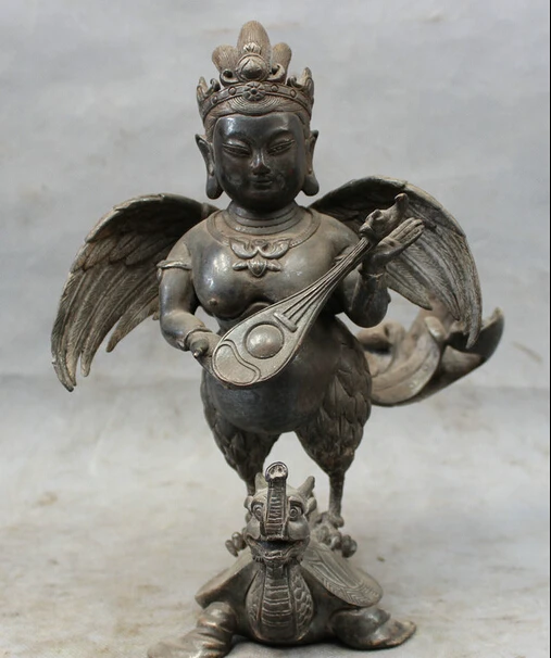 

shitou 001999 9" Chinese Pure Bronze Copper Garuda Redpoll Buddha Ride Dragon Turtle Statue