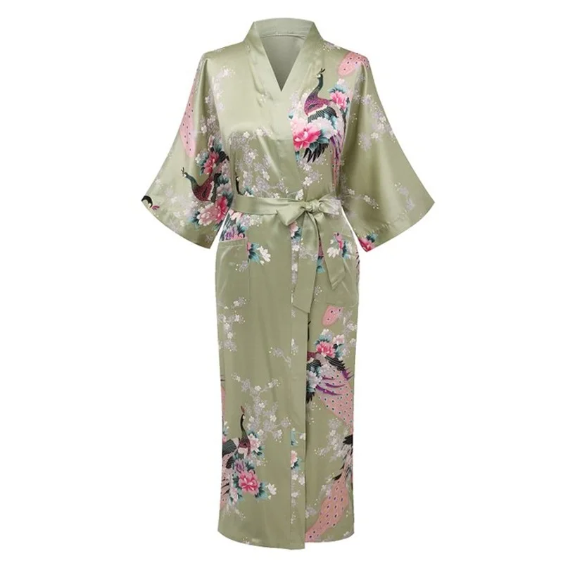 FZSLCYIYI, женское кимоно с павлином, халат, сексуальный, Цветочный, для невесты, невесты, халаты, женские, с цветами, вечерние, свадебные, длинные, пижамы, Халат - Цвет: light green A