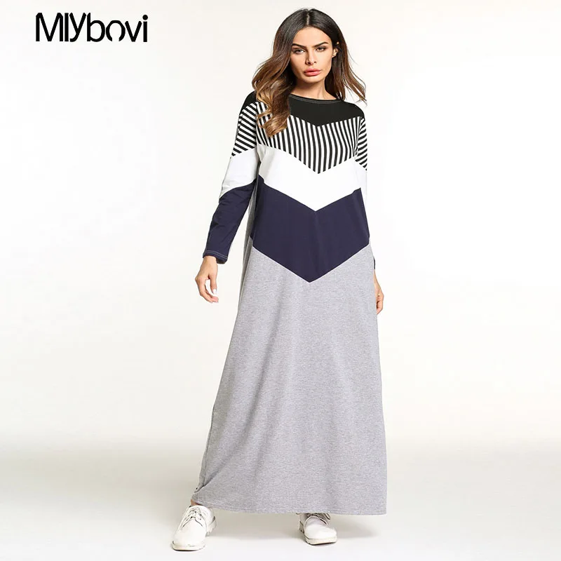 

Muslim Women Dress Abaya striped Middle East Robe Moroccan maxi dresses Female spring long sleeve T shirt dress Muslim Clothing