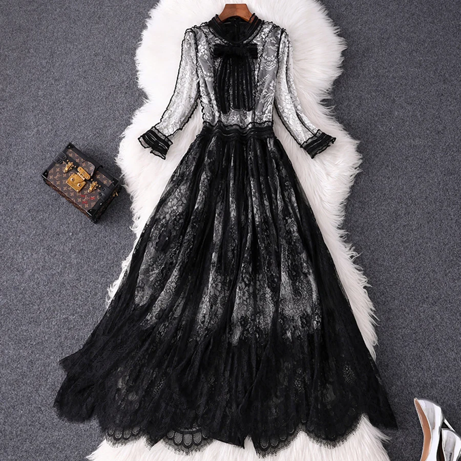 

VERDEJULIAY High Quality Lace Dress Women 2019 Summer Runway Black Floral Print Patchwork Ruffles Long Elegant Dress Vestidos
