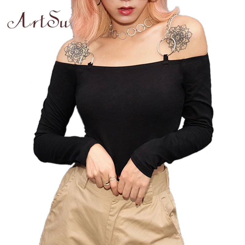 ArtSu Fashion Chain Off the Shoulder Tops for Women Black Long Sleeve Crop Top T-shirt Femme Basic Shirt Streetwear ASTS20611