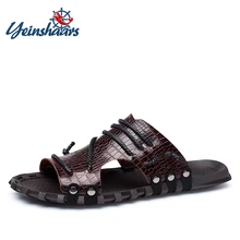 YEINSHAARS/летние мужские шлепанцы из натуральной кожи, пляжные сандалии, удобная мужская повседневная обувь, модные мужские вьетнамки, большие размеры 38-47