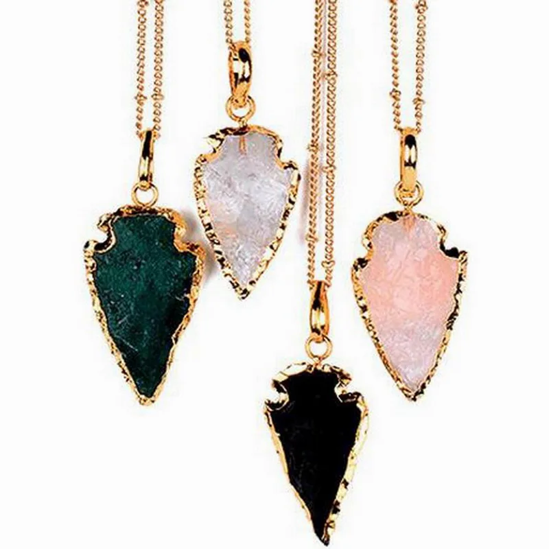 Free Shipping Classic Rough Crystal Quartz Arrowhead Necklace Gold Fashion Women Boutique Jewelry Obsidian Arrowhead Necklace