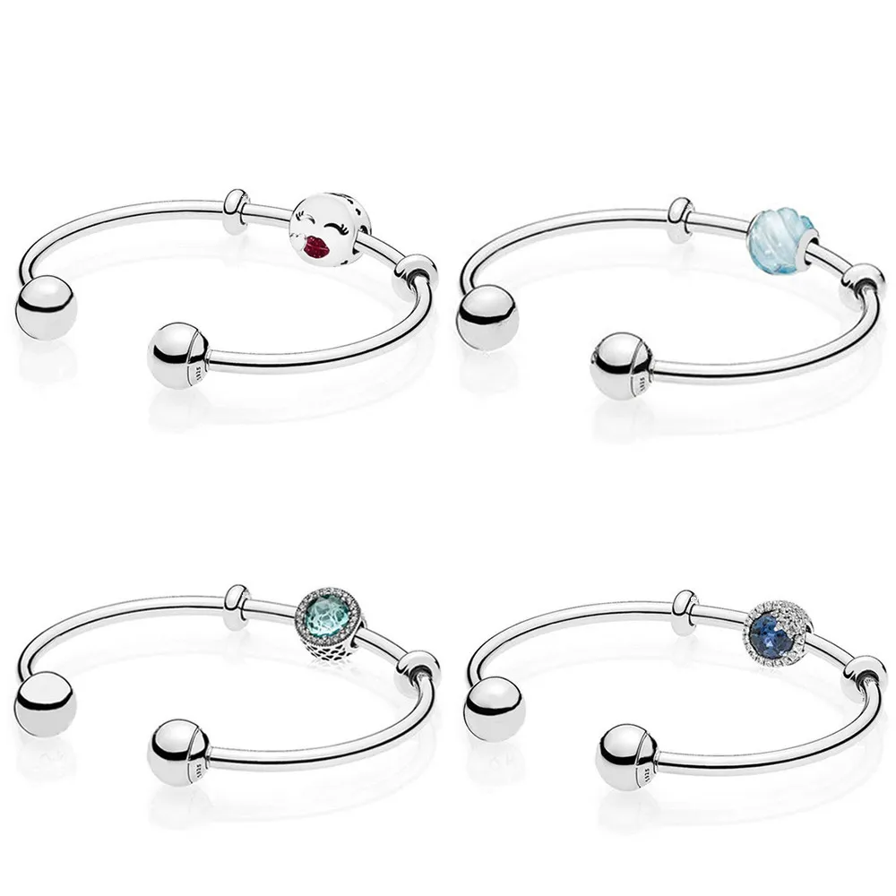 

NEW 100% 925 Sterling Silver 1:1 BLUE RIPPLES Radiant Hearts DAZZLING SNOWFLAKE KISS CHARM MOMENTS SILVER OPEN BANGLE Gift Set