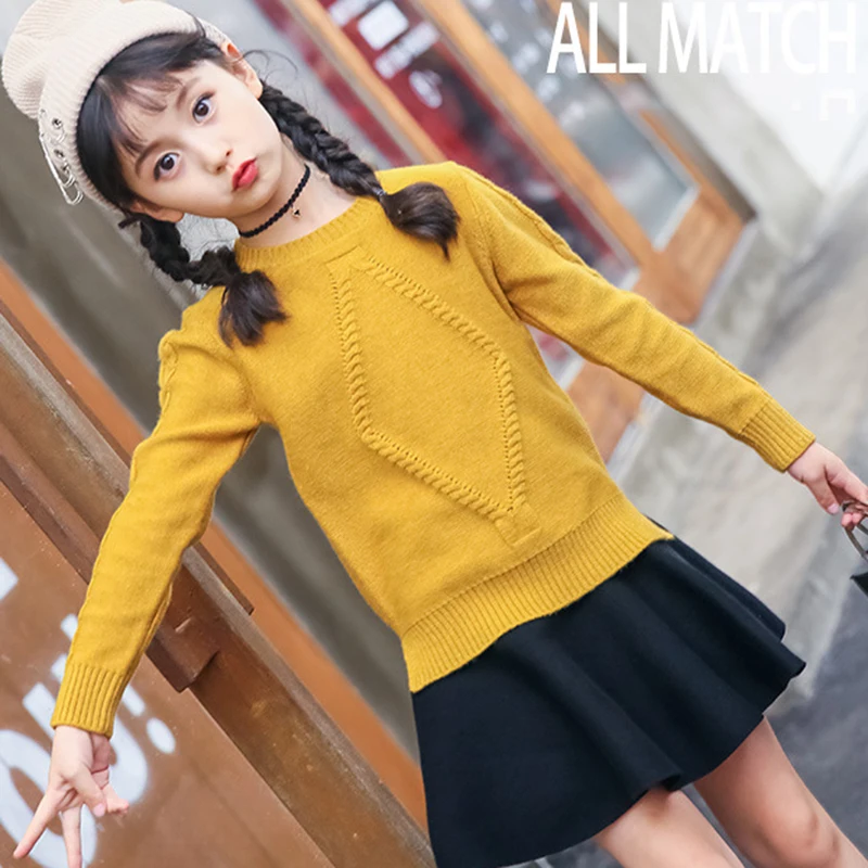 

Girls sweater big spring and autumn new solid color crew neck sweaters