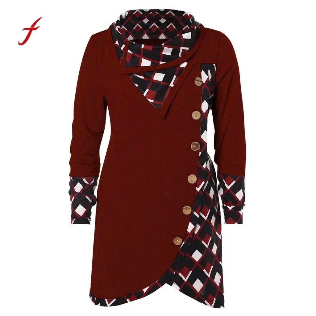 

poleras mujer Long Sleeve Tartan Tunic Sweatshirt button clothing Plaid Turtleneck female Pullover plus size feminino Tops