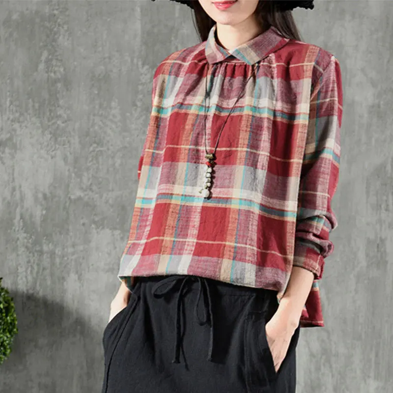 

Autumn Fashion Women Shirt Plus Size Long Sleeve Peter Pan Collar Shirts Casual Plaid Blouses Vintage Cotton Ladies Tops D95