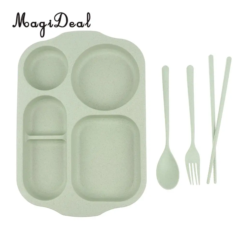 MagiDeal Divided Dinner Tray Lunch Container Food Serving Plate 5 Section with Chopsticks Spoon Fork Cutlery Tableware Set