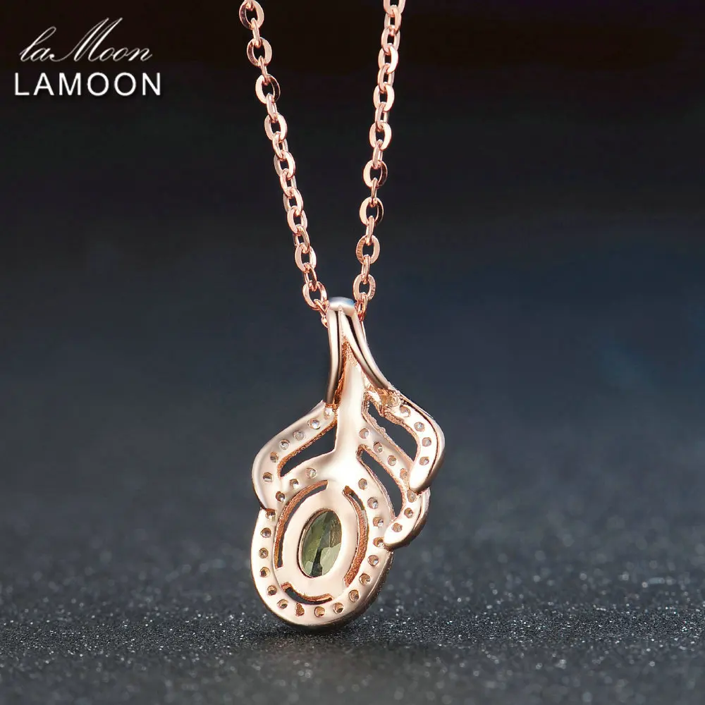 LAMOON Classic Leaf 100% Natural Oval Green Peridot Chain Necklace 925 Sterling Silver Jewelry LMNI058