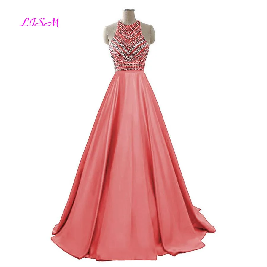 Royal Blue Crystals Prom Dresses 2020 A-Line Sleeveless Party Dress with Pockets O-Neck Beading Satin Long Formal Evening Gowns