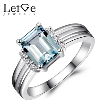 

Leige Jewelry Rings Aquamarine Sterling Silver 925 Natural Blue Gemstone Emerald Cut Love Wedding Anniversary Rings for Women